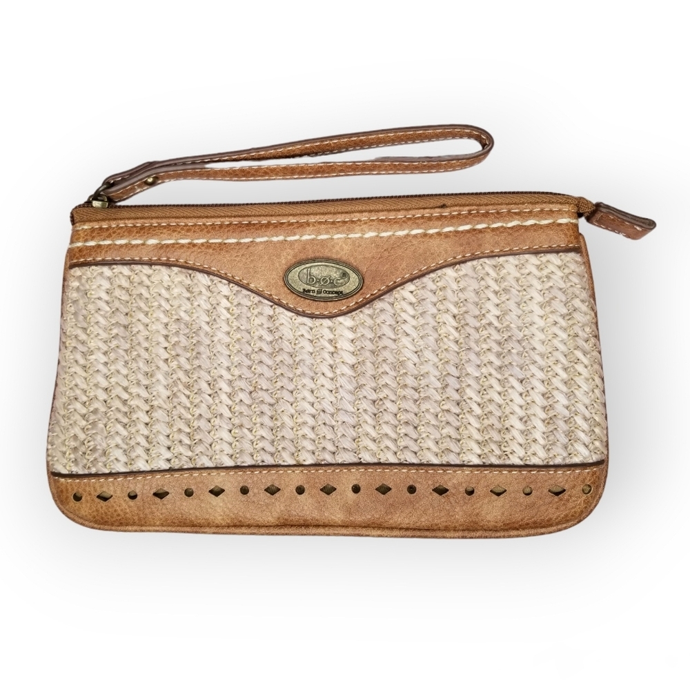 b.o.c. wristlet wallet beige leather and woven straw zip top card pockets